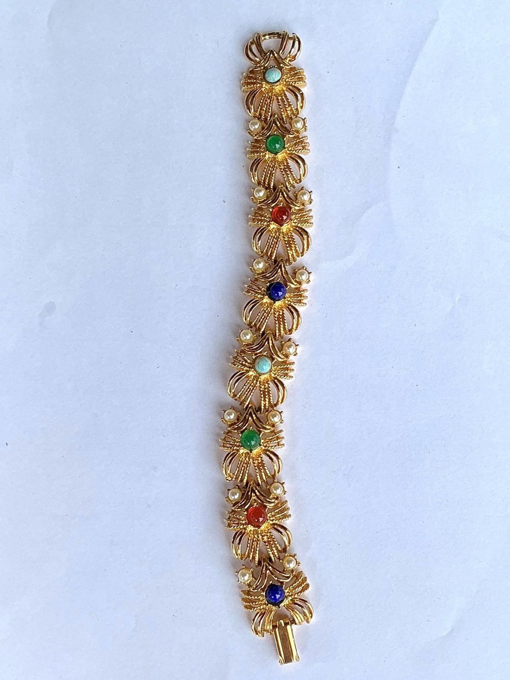 Vintage 1960’s mogul Style Glass Cabochon and Faux Pearl panel Bracelet